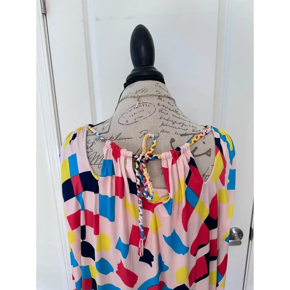 T-Bags Los Angeles Shift Dress Sz M Multicolor Tied Neck Resortwear Beachwear - Picture 4 of 7